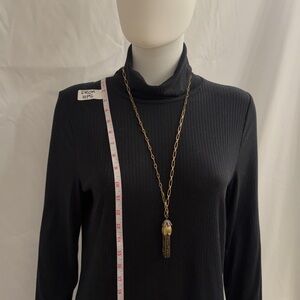 Brass Tone Loop Chain Necklace w Crystal Tassel Pendant